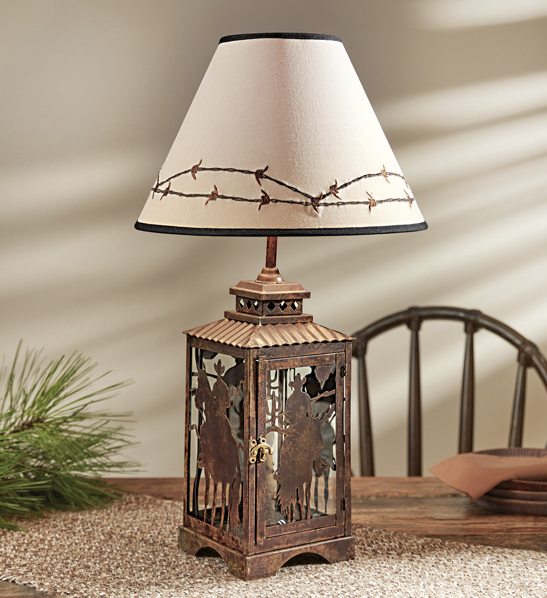 Cowboy Rider Silhouette Lamp & Barbed Wire Shades