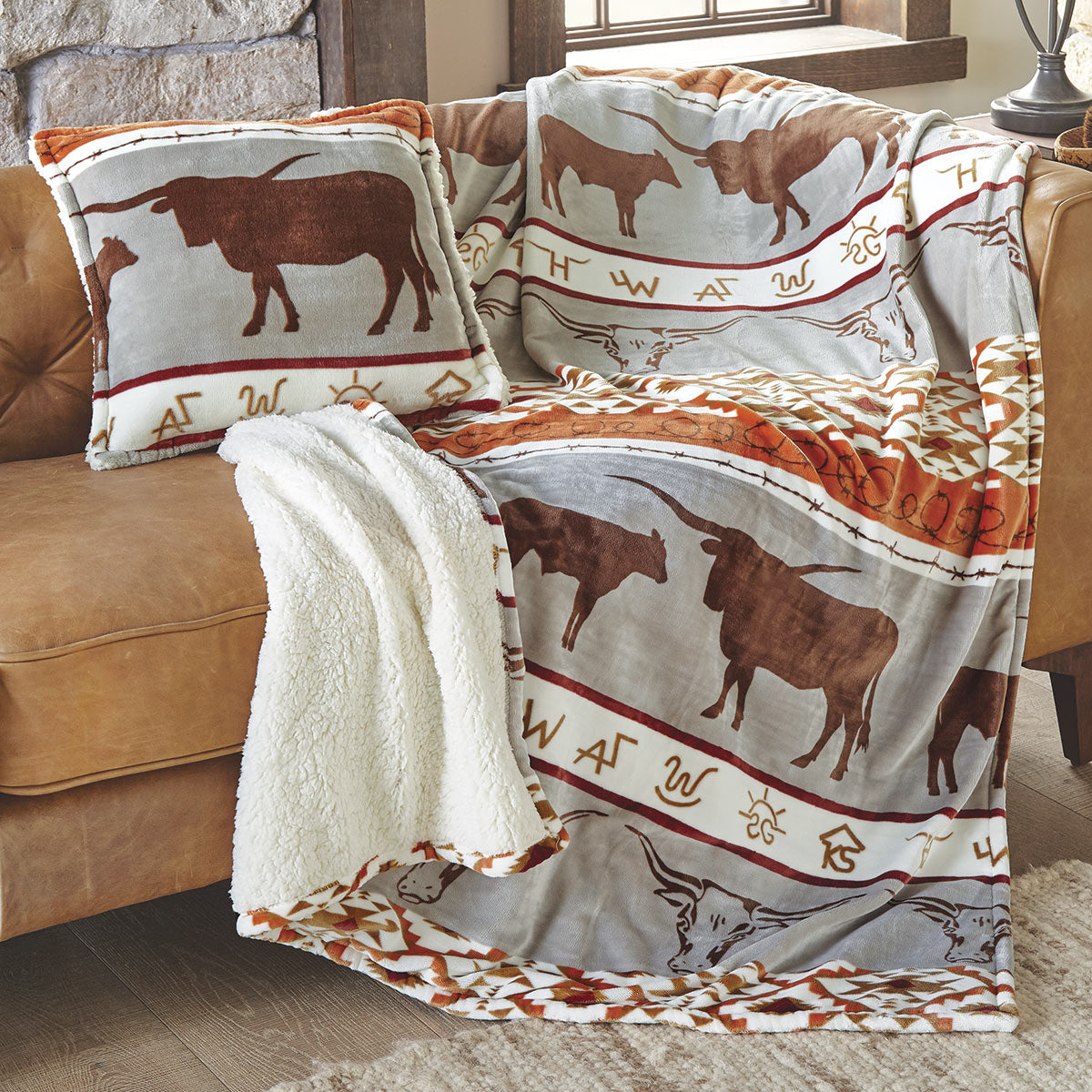 Longhorn Ranch Plush Sherpa Pillow & Throw