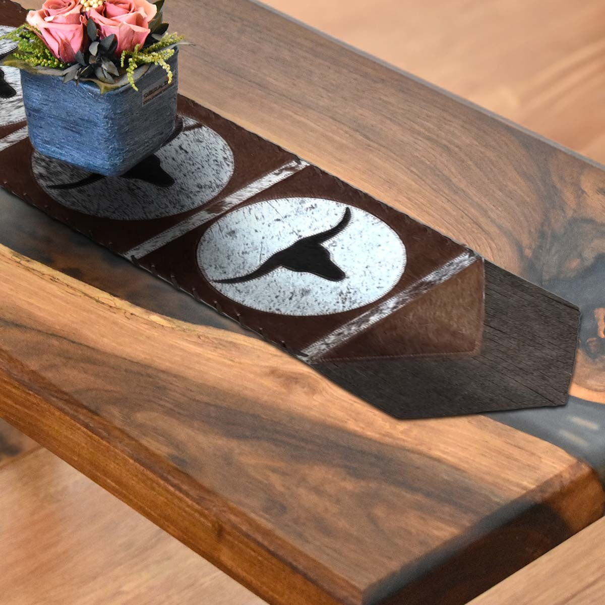 Fringed Devon Longhorn Leather Table Runners