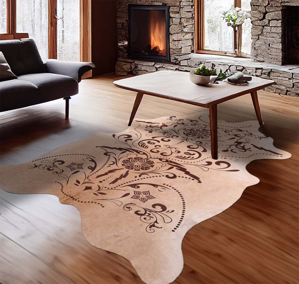 Etched Filigree Tan Cowhide Rugs