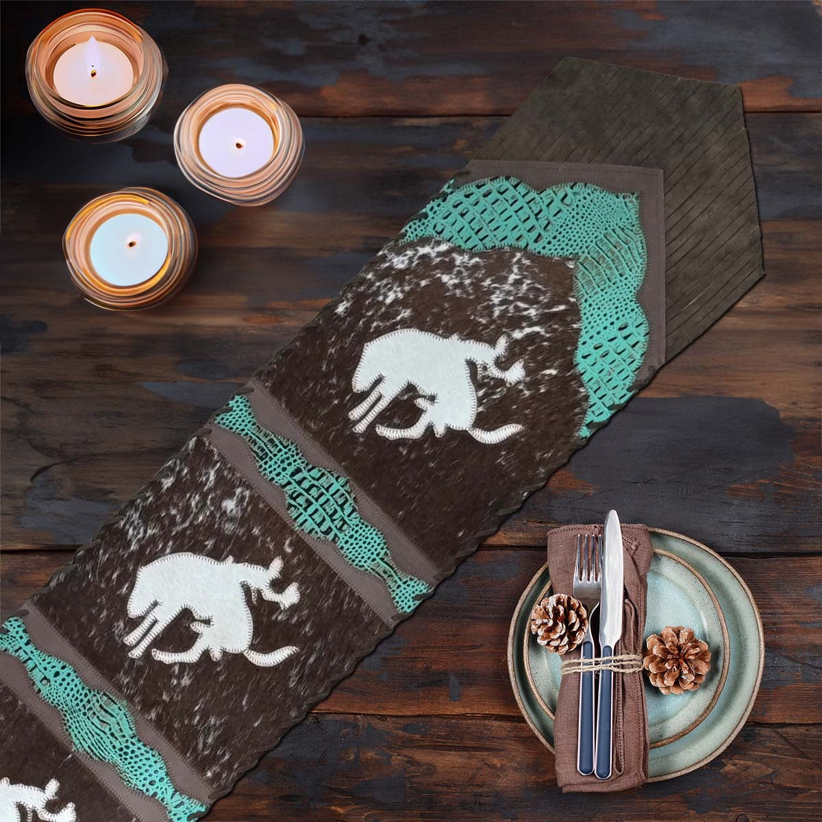 Fringed Wild Rider & Teal Faux Gator Table Runners