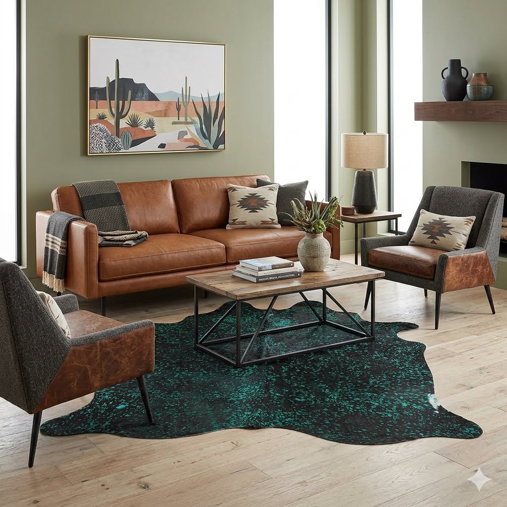 Green Specked Black Cowhide Rugs