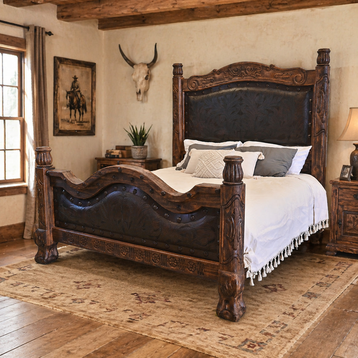 Guadalajara Carved Wood & Leather Beds
