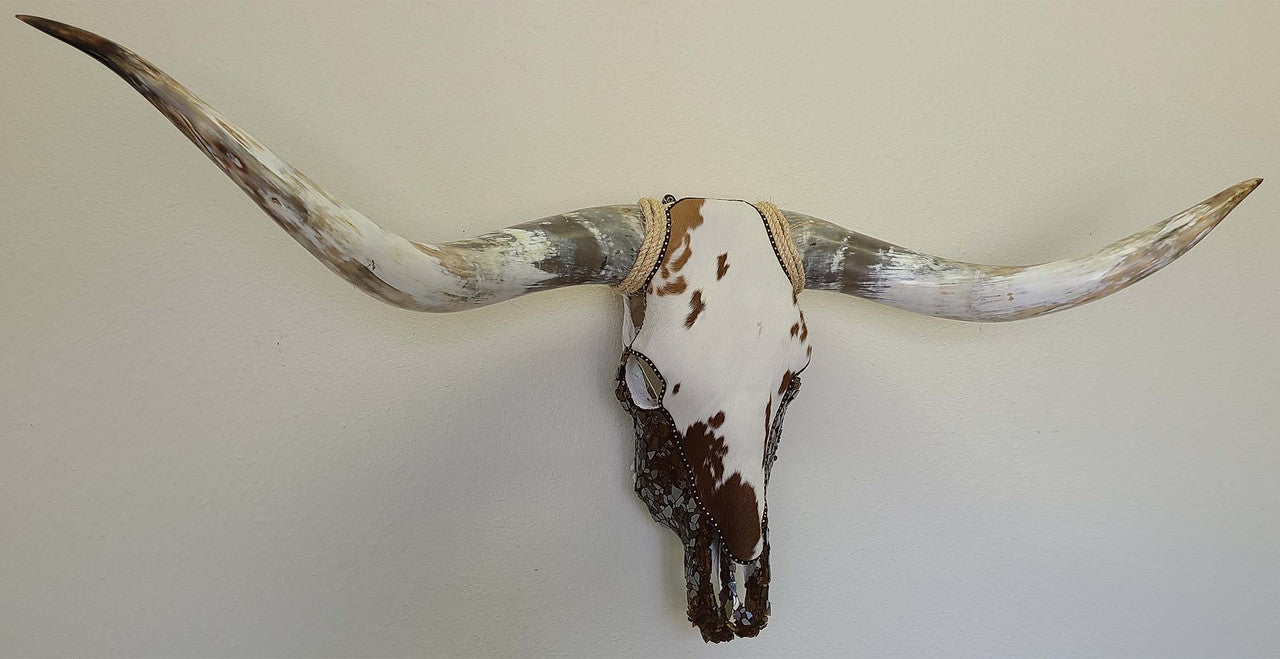 Authentic Longhorn Skull with Cowhide & Copper Glass
