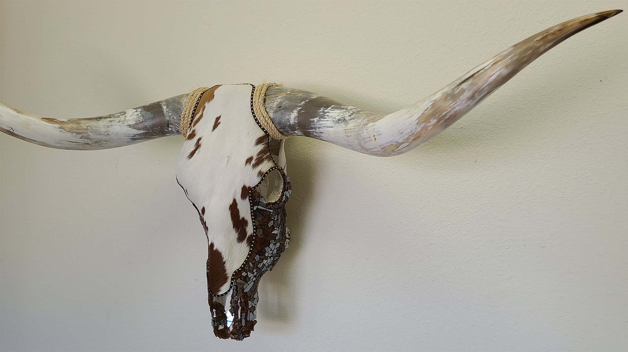 Authentic Longhorn Skull with Cowhide & Copper Glass