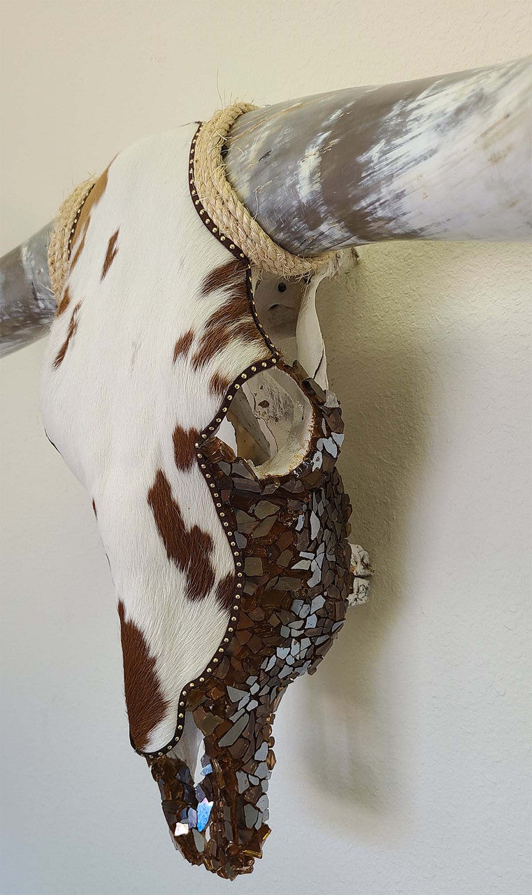 Authentic Longhorn Skull with Cowhide & Copper Glass