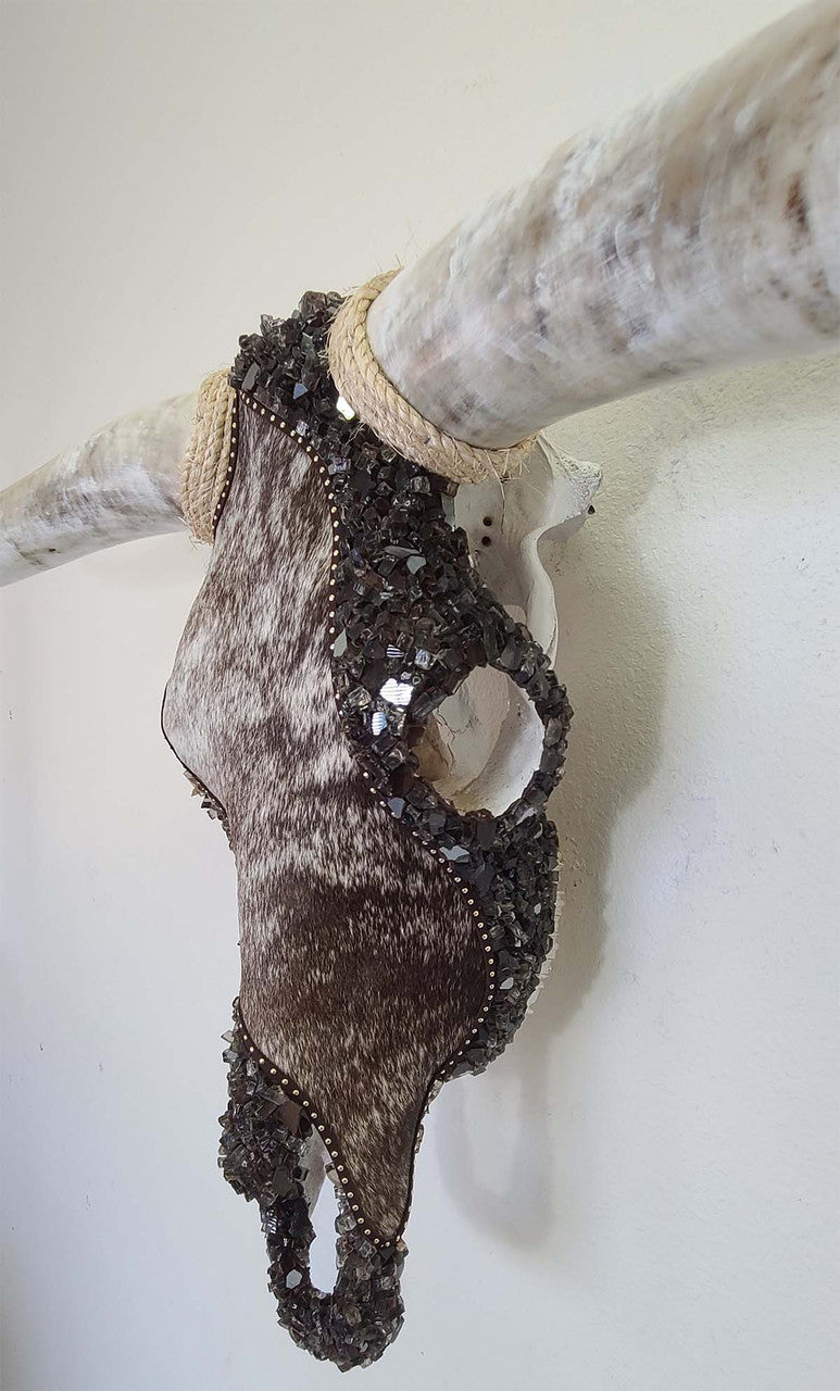 Authentic Longhorn Skull with Brindle Cowhide & Bronze Glass Bands