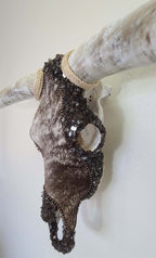 Authentic Longhorn Skull with Brindle Cowhide & Bronze Glass Bands