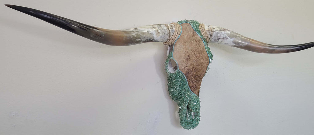 Authentic Longhorn Skull with Brindle Cowhide & Jade Glass