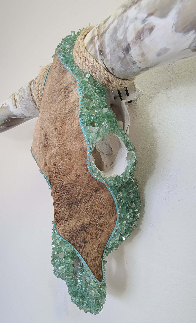 Authentic Longhorn Skull with Brindle Cowhide & Jade Glass