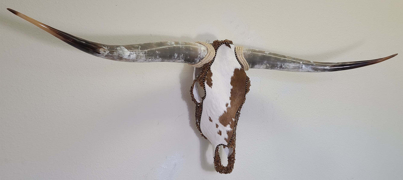 Authentic Longhorn Skull with Brown & White Cowhide & Copper Glass