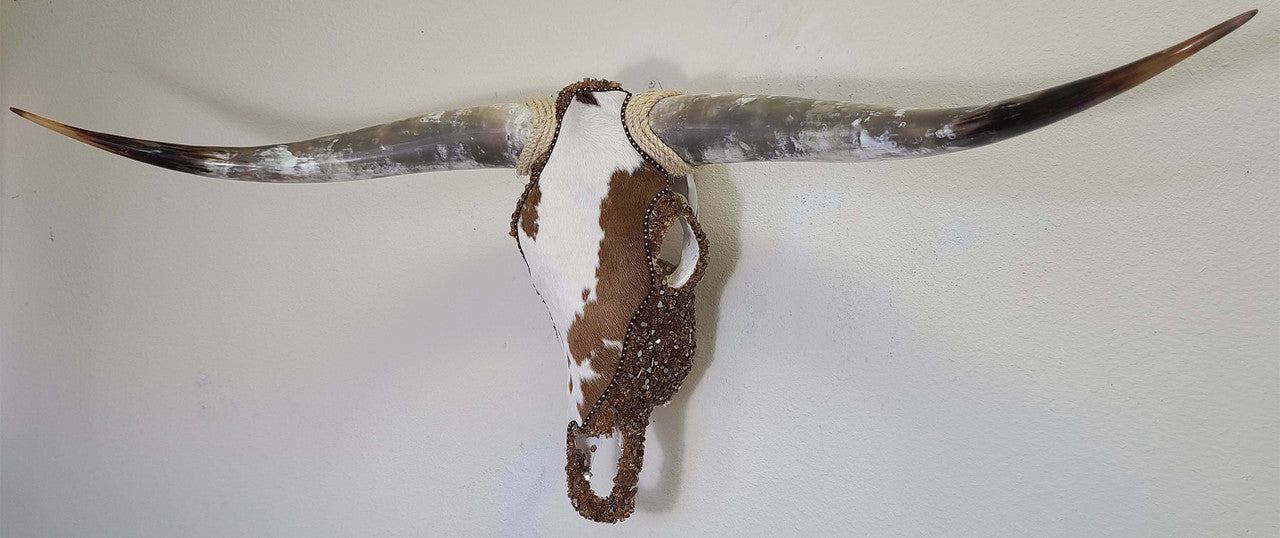 Authentic Longhorn Skull with Brown & White Cowhide & Copper Glass