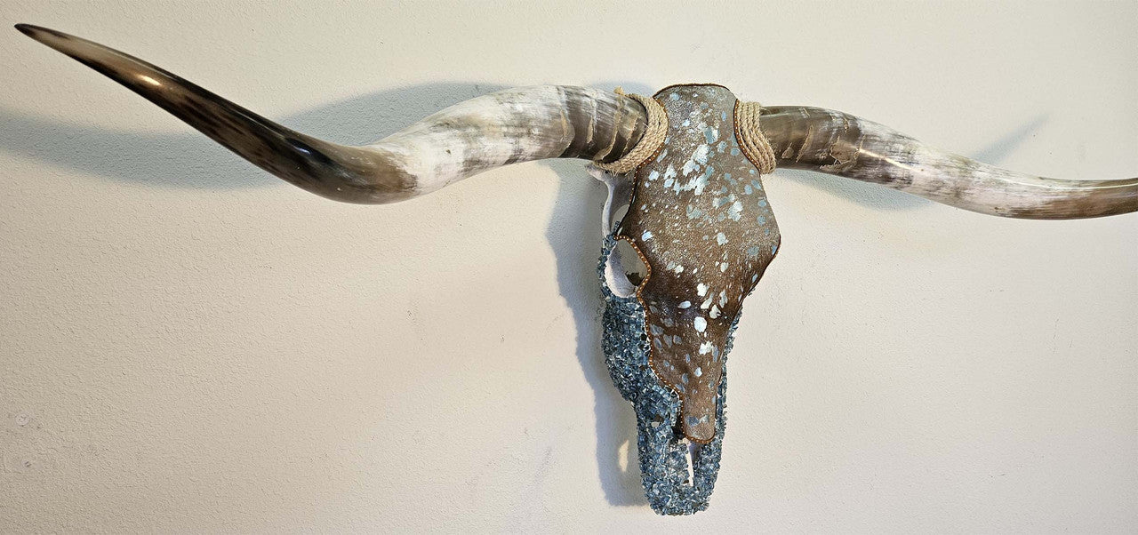 Authentic Longhorn Skull with Acid Wash Turquoise Cowhide & Lagoon Glass