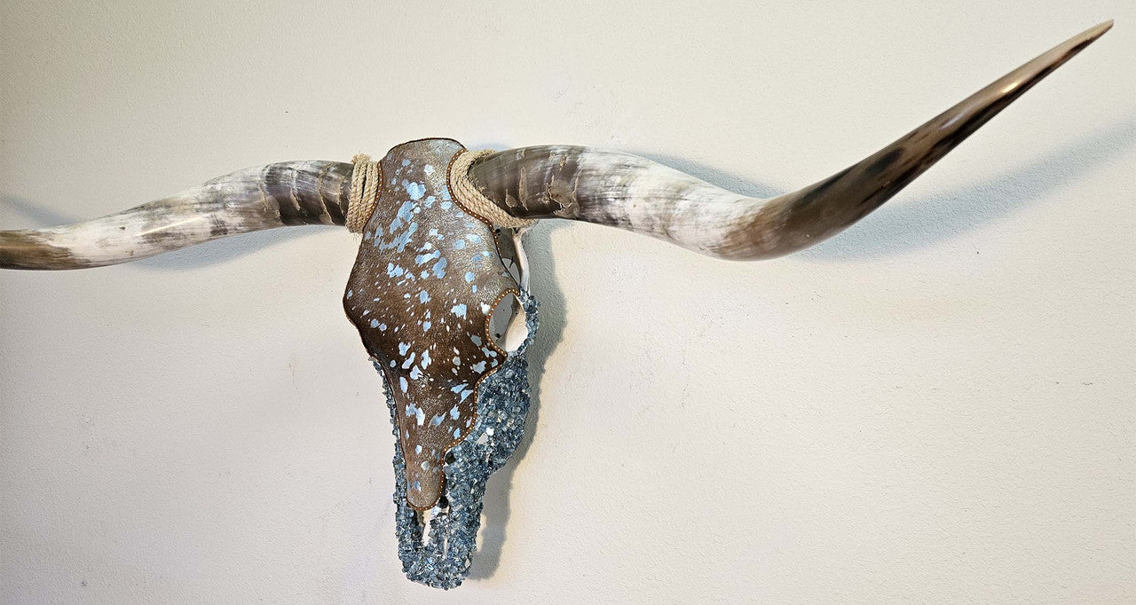 Authentic Longhorn Skull with Acid Wash Turquoise Cowhide & Lagoon Glass