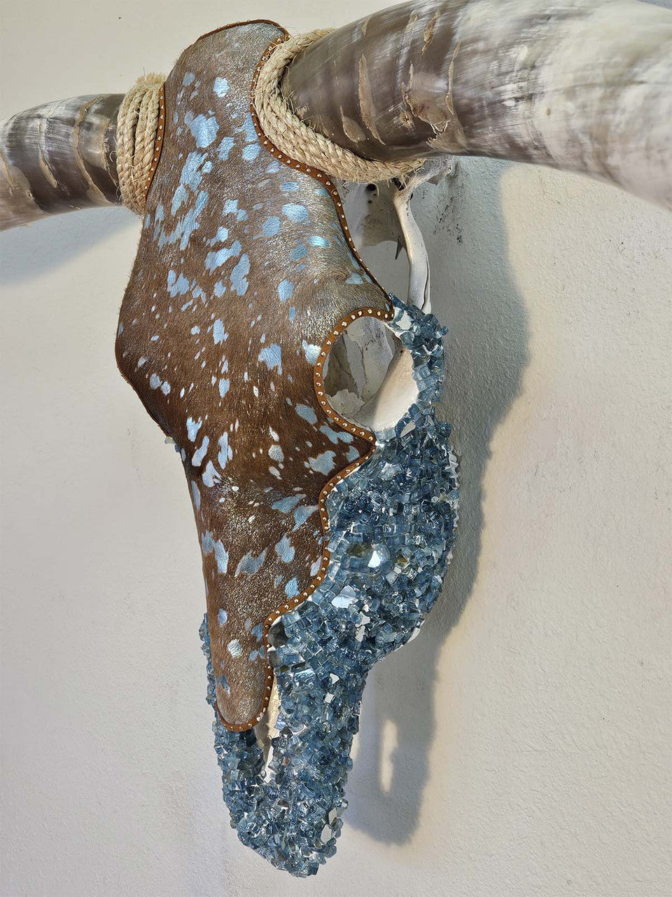 Authentic Longhorn Skull with Acid Wash Turquoise Cowhide & Lagoon Glass