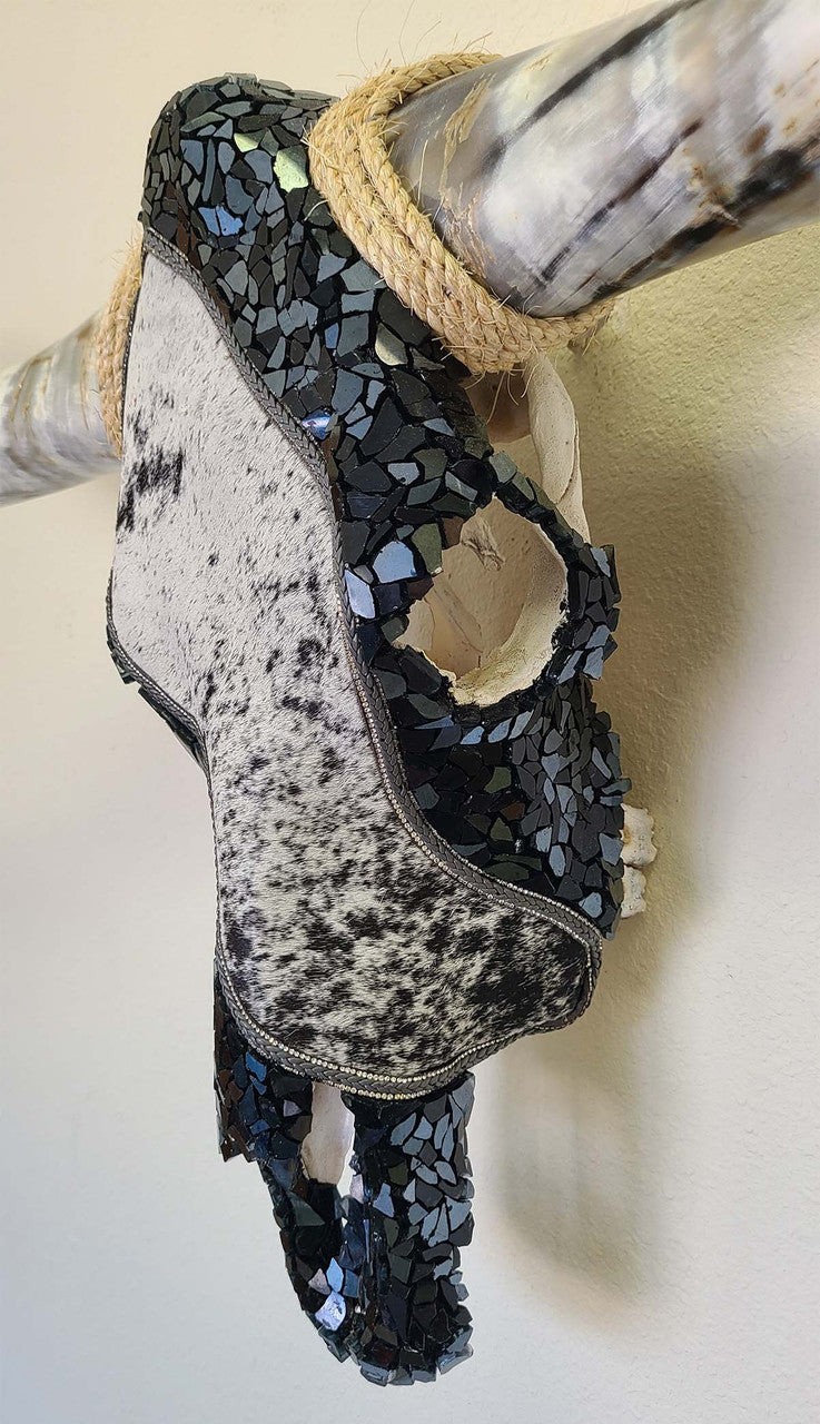 Authentic Longhorn Skull with Cowhide & Black Glass
