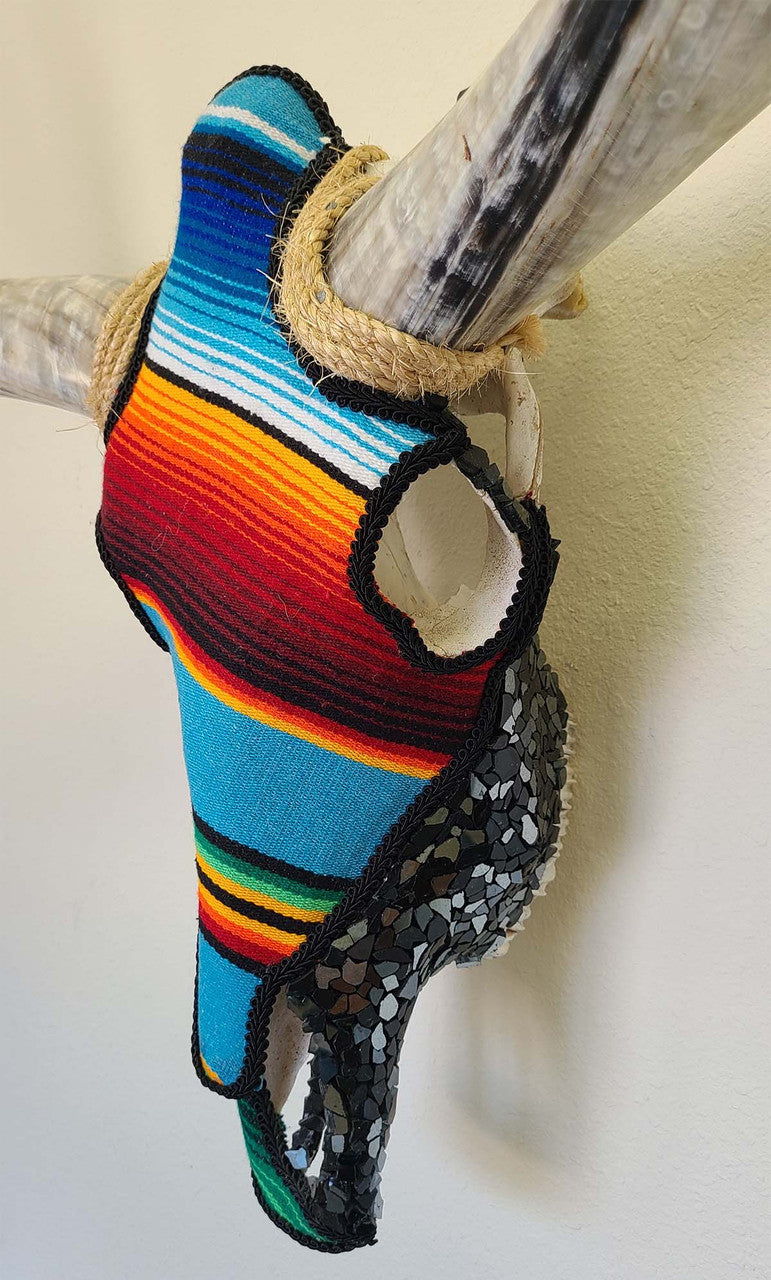 Authentic Longhorn Skull with Mexican Serape Cowhide & Black Glass