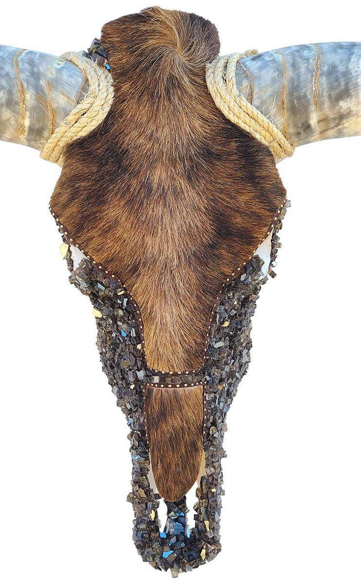 Authentic Longhorn Skull with Brindle Cowhide & Bronze Glass