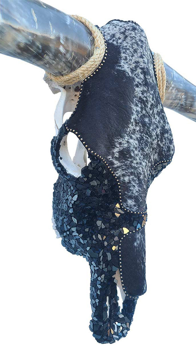 Authentic Longhorn Skull with Black Cowhide & Glass