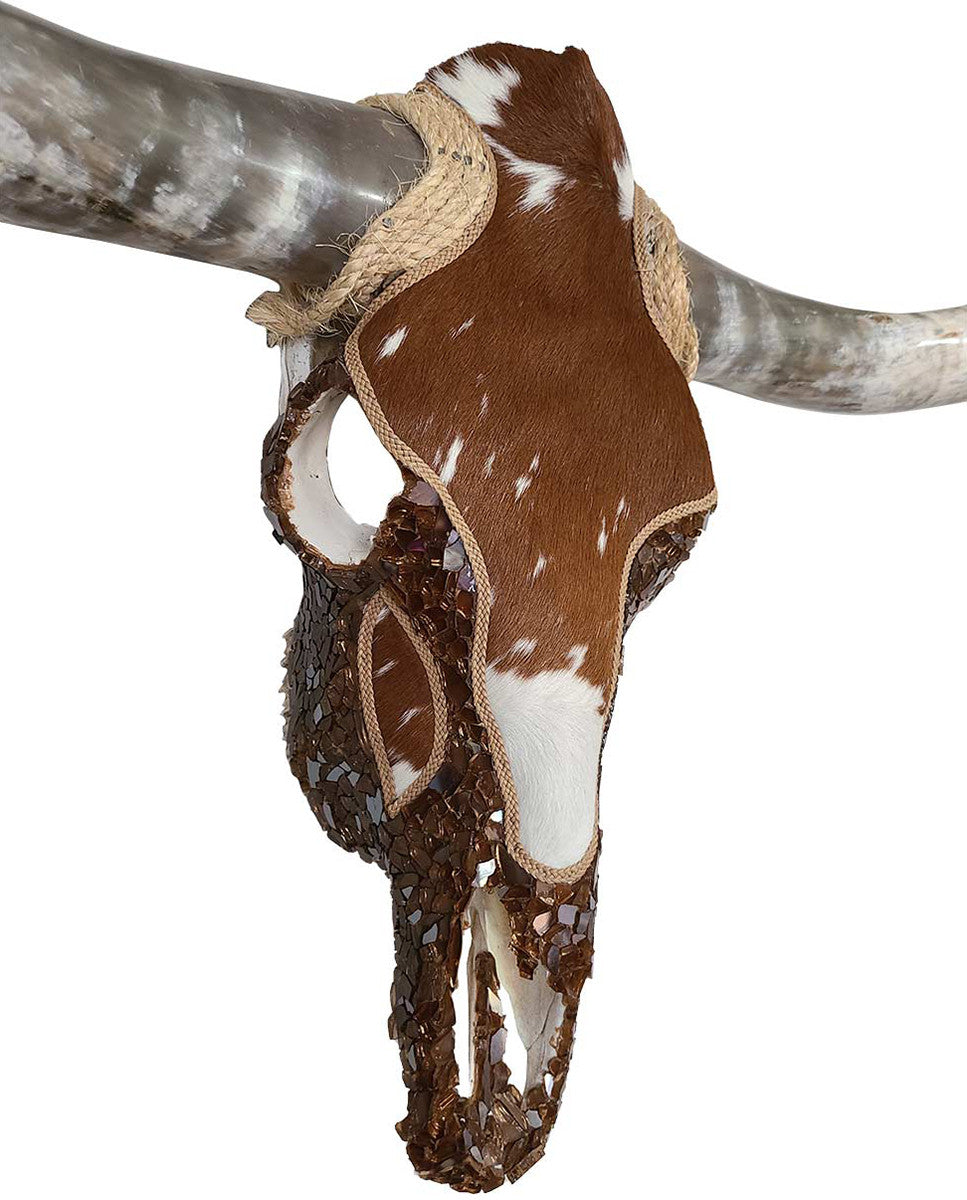 Authentic Longhorn Skull with Brown Cowhide & Copper Glass