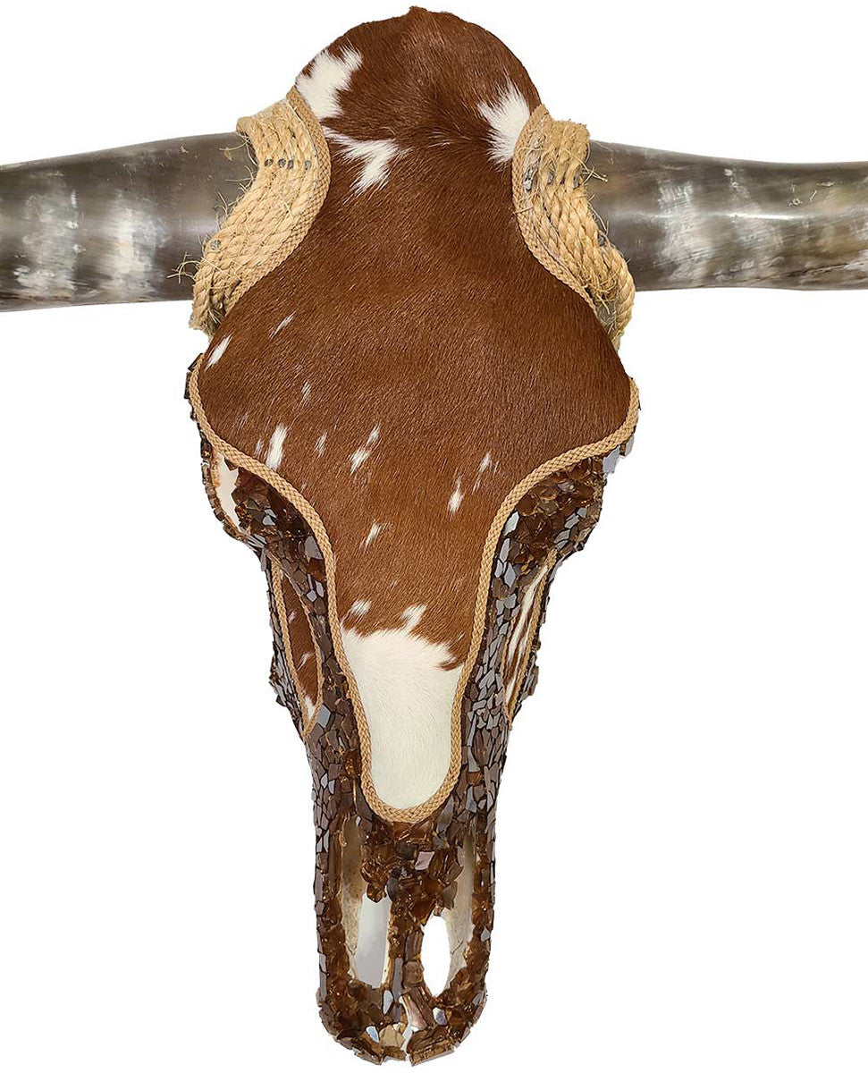 Authentic Longhorn Skull with Brown Cowhide & Copper Glass
