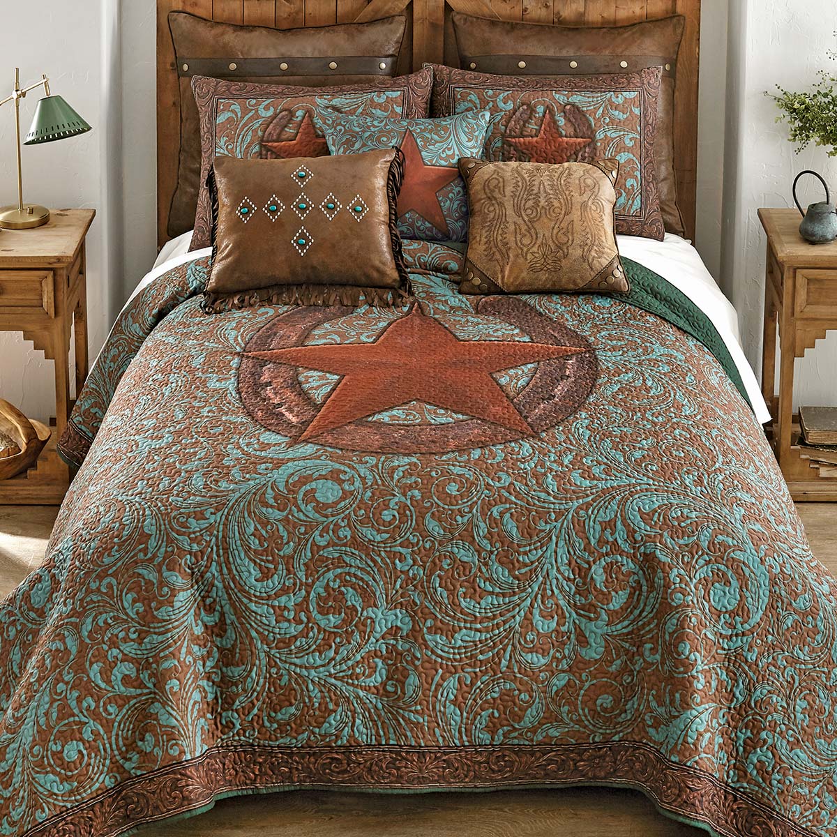Turquoise Scroll & Star Quilt Bed Set - King