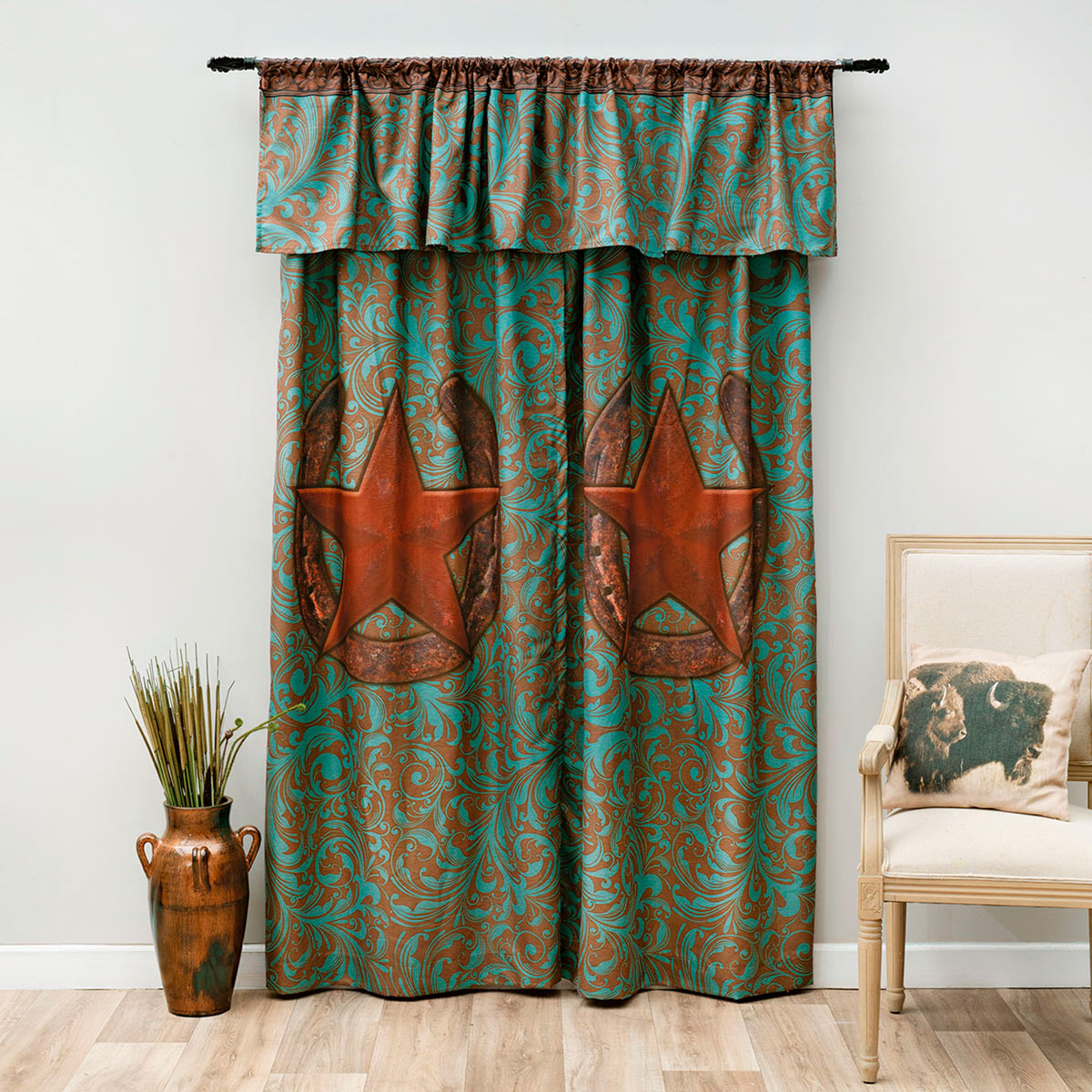 Turquoise Scroll & Star Lined Drapes