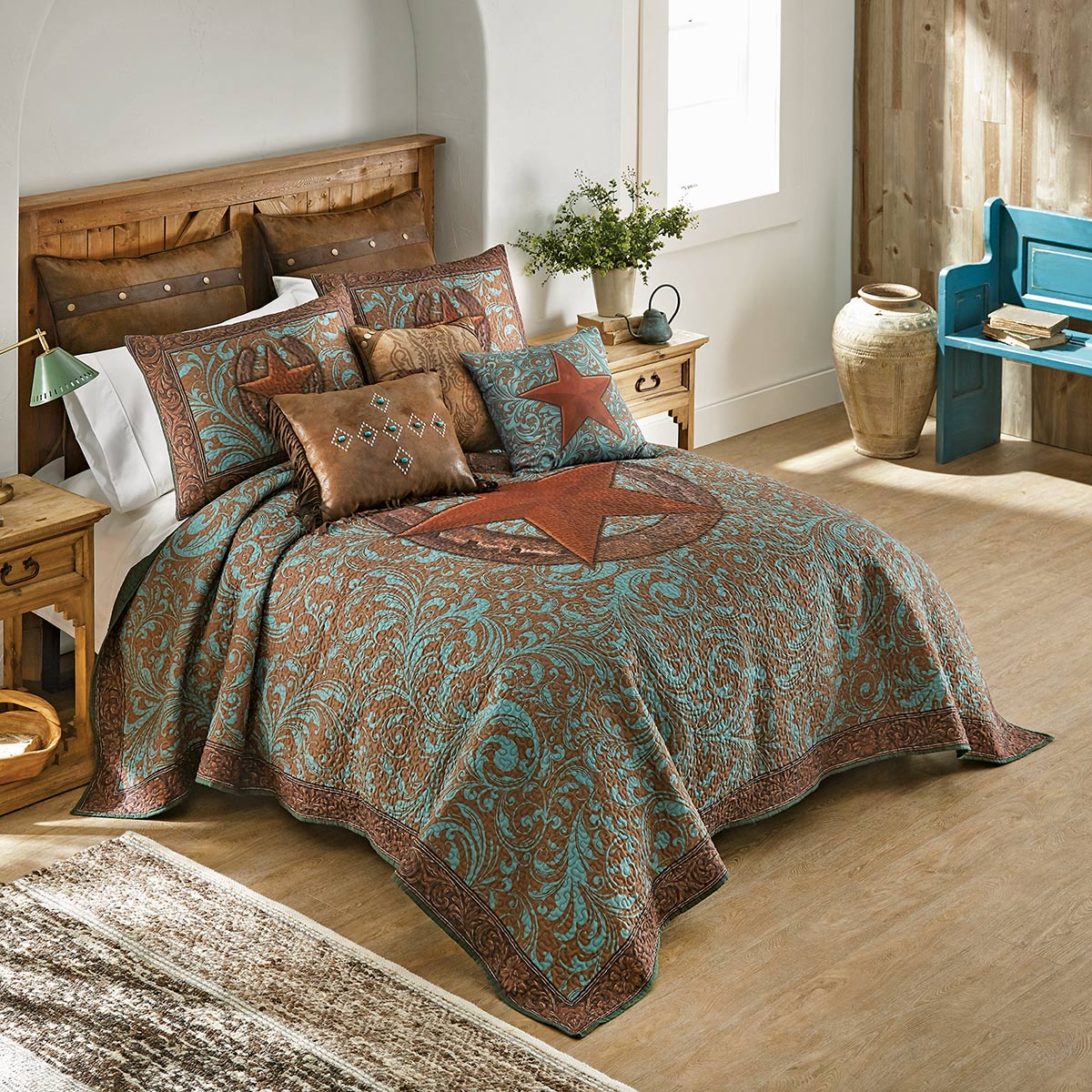 Turquoise Scroll & Star Accent Pillow