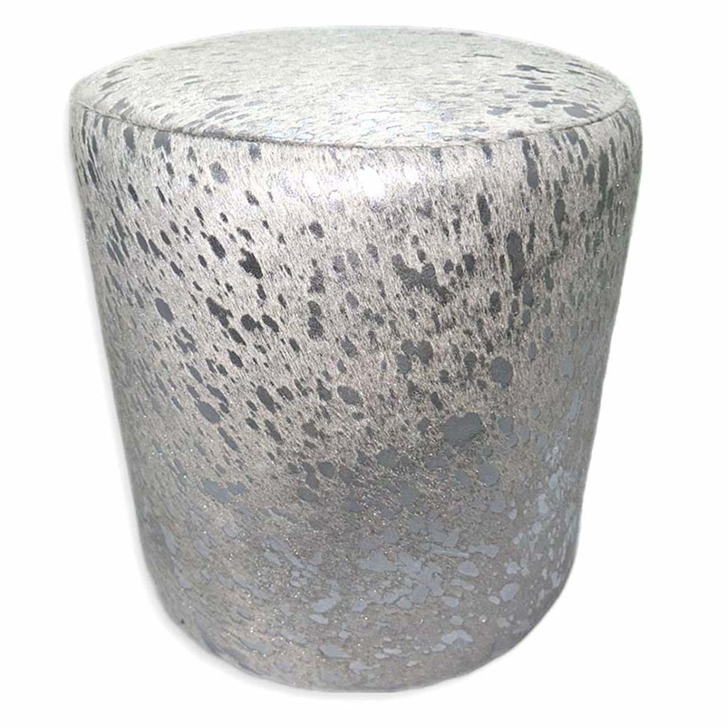 Silver Splashed Cowhide Round Pouf