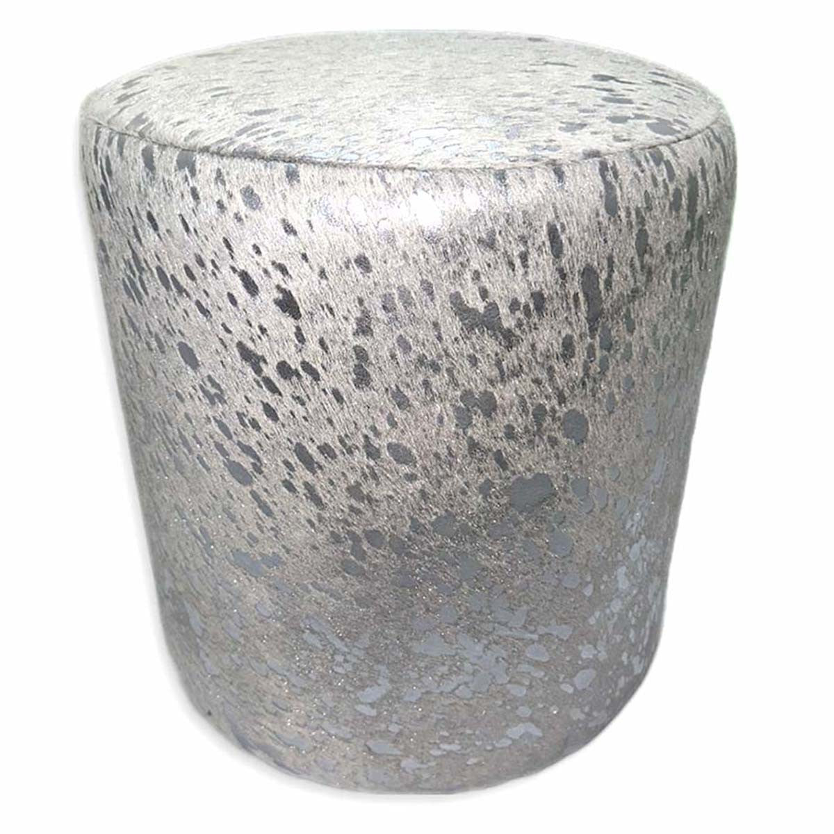 Silver Splashed Cowhide Round Pouf