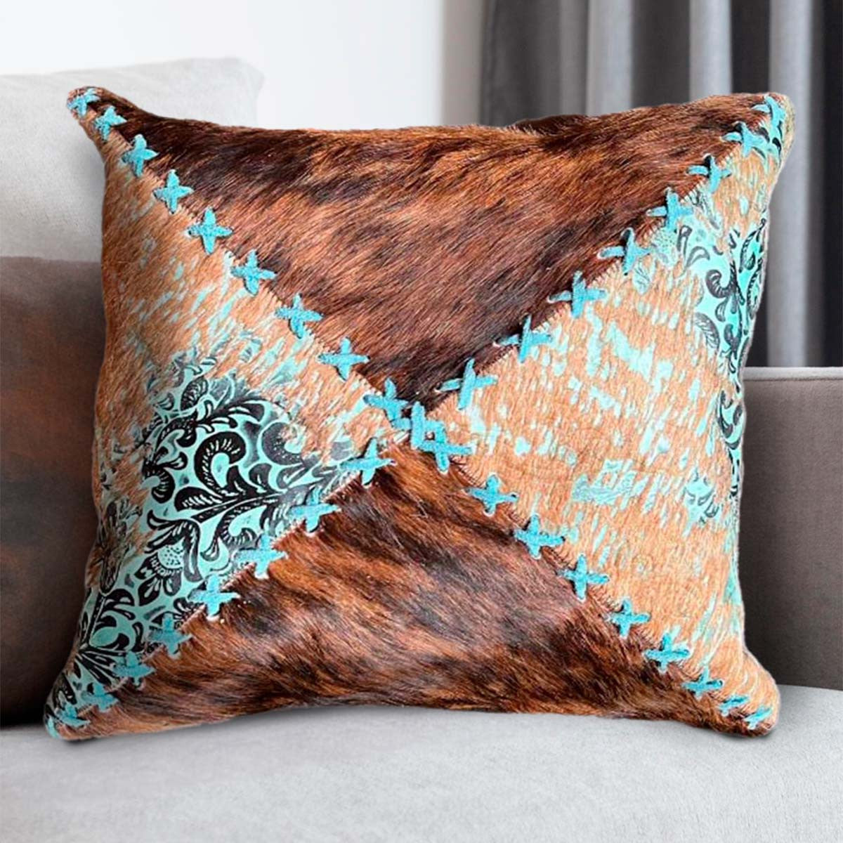 Cowhide Teal Floral & Brindle Pillow