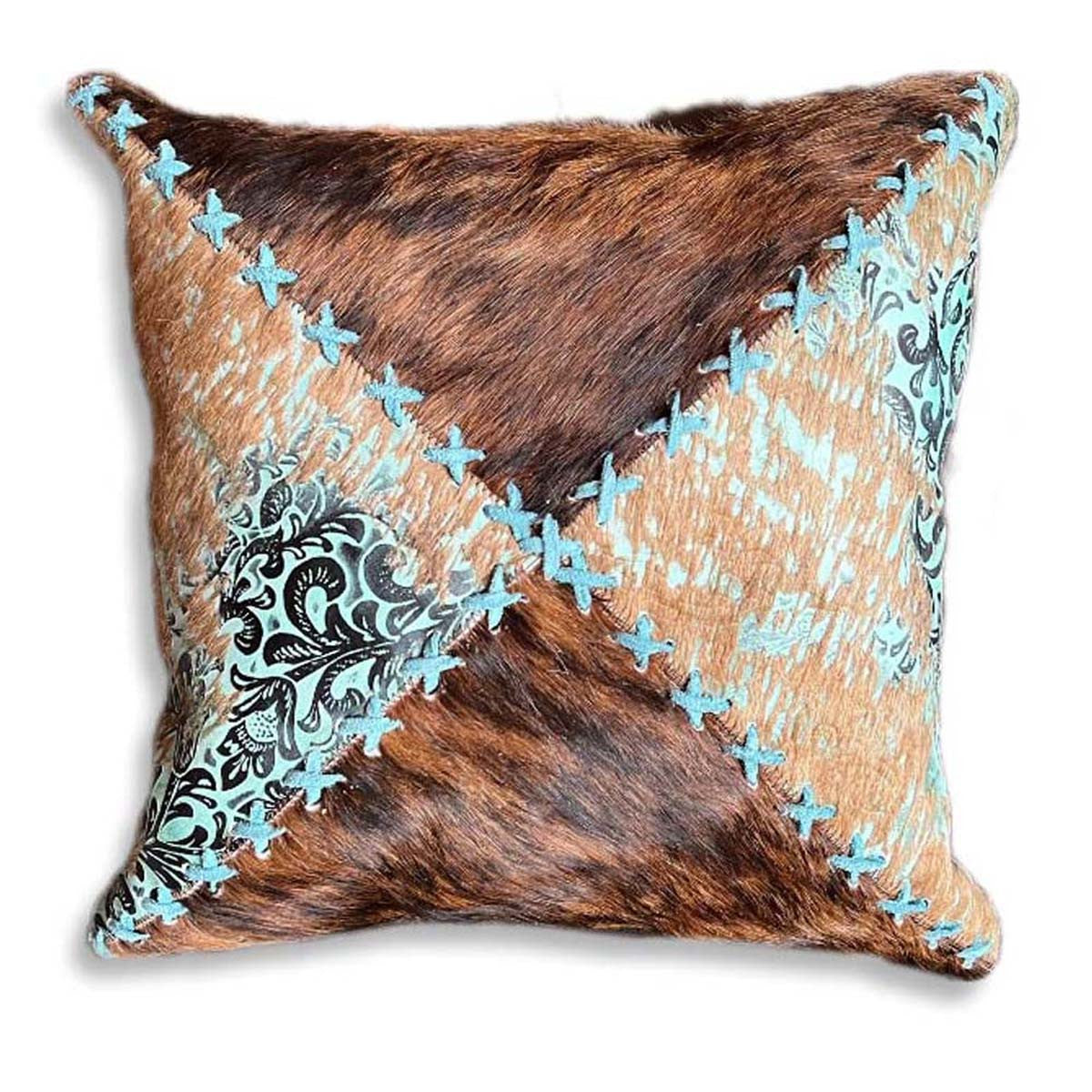 Cowhide Teal Floral & Brindle Pillow