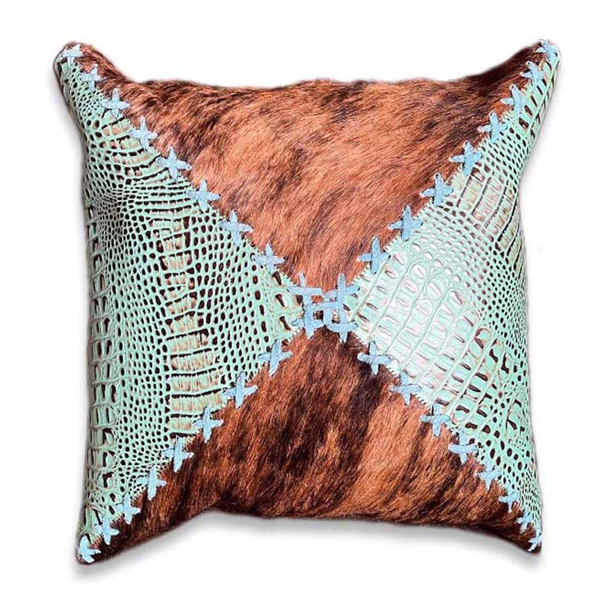 Brindle Cowhide & Teal Faux Croc Pillow