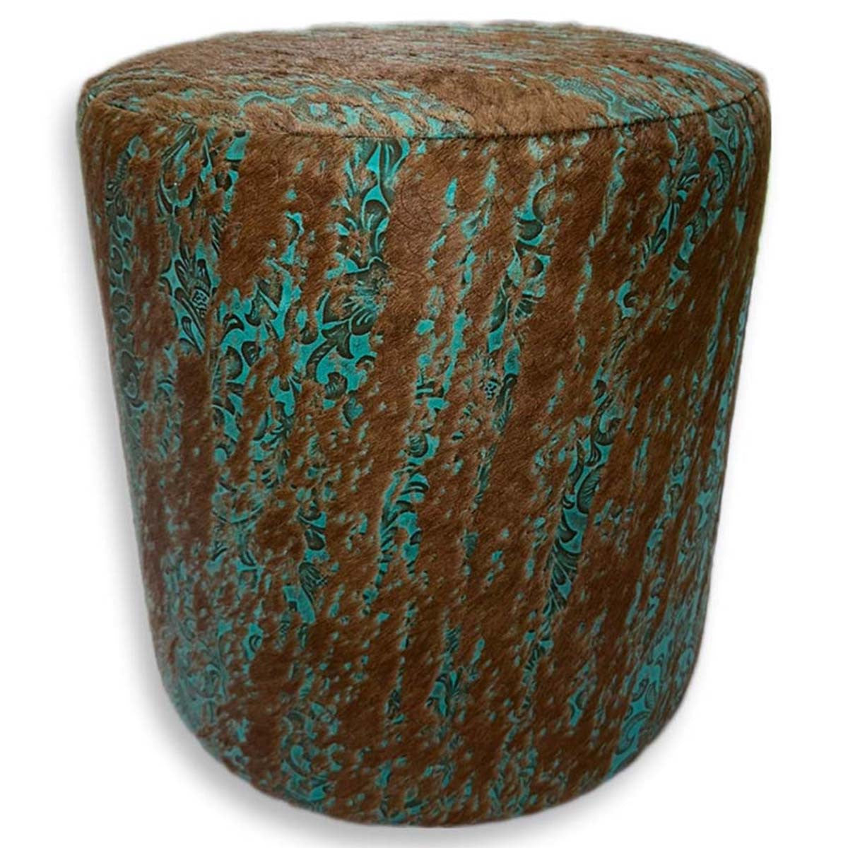 Distressed Turquoise Floral Cowhide Round Pouf