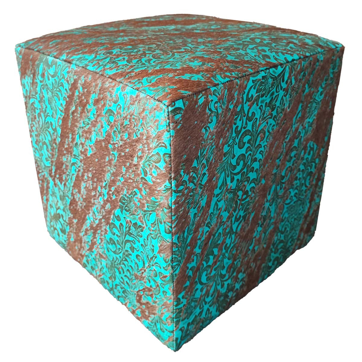 Distressed Turquoise Floral Cowhide Square Pouf