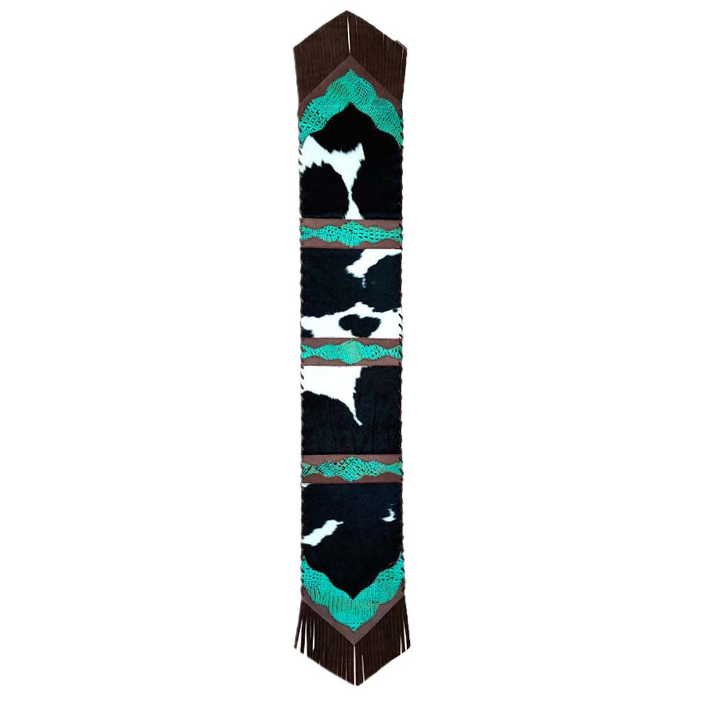 Fringed Holstein & Teal Faux Gator Table Runner - 120 Inch