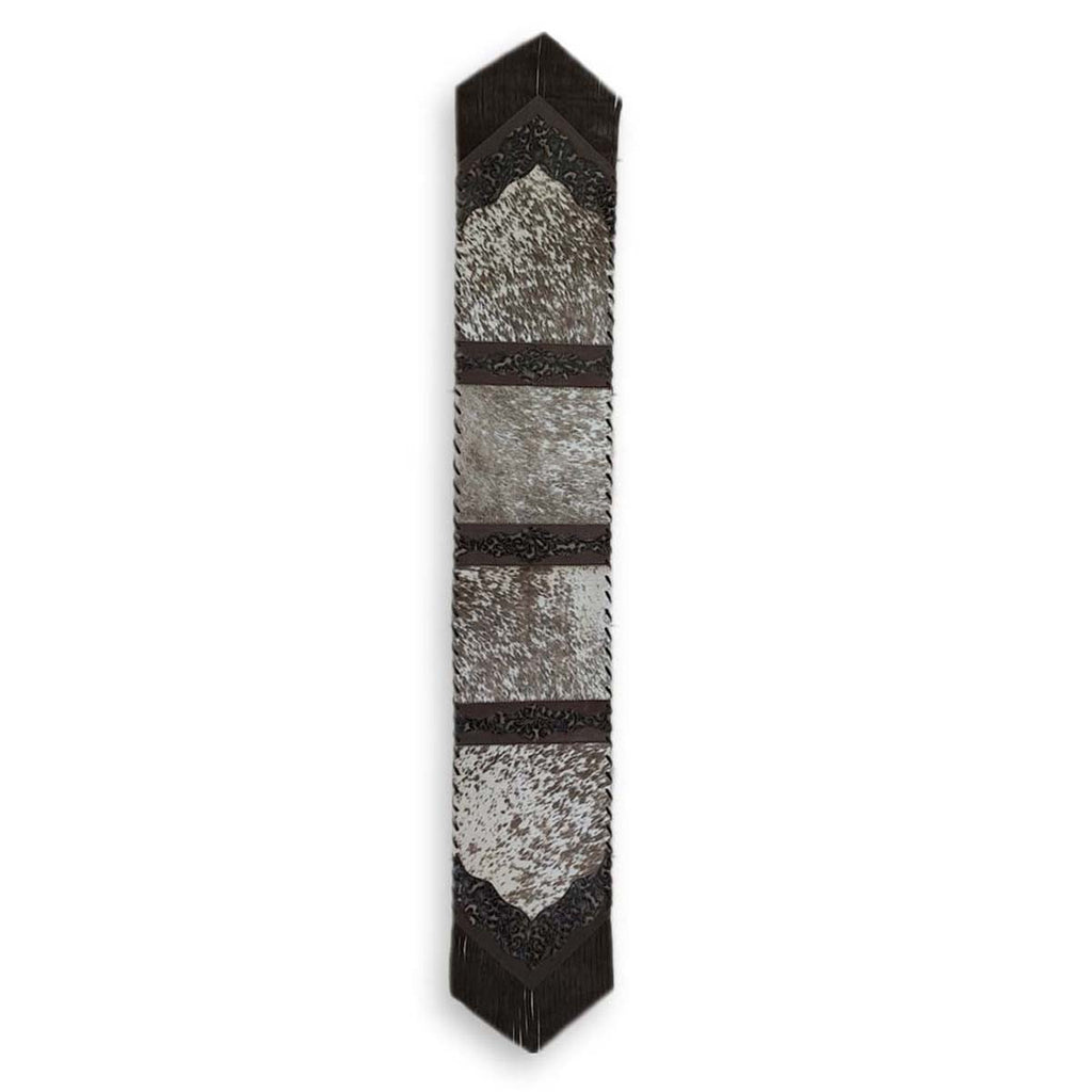 Fringed Tan Floral Embossed Leather Table Runner - 120 Inch
