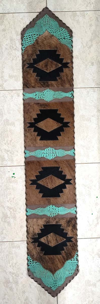 Harmony Cowhide & Teal Faux Gator Table Runner - 96 Inch