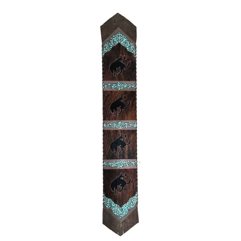 Fringed Teal Floral Bronc Leather Table Runner - 96 Inch