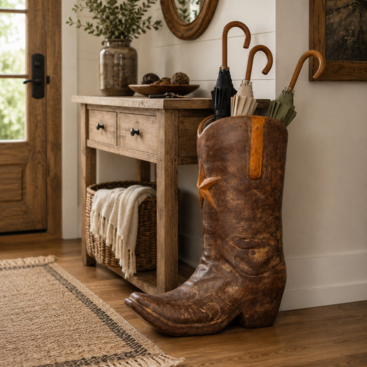 Brown Clay Cowboy Boot with Star Umbrella Stand/Planter