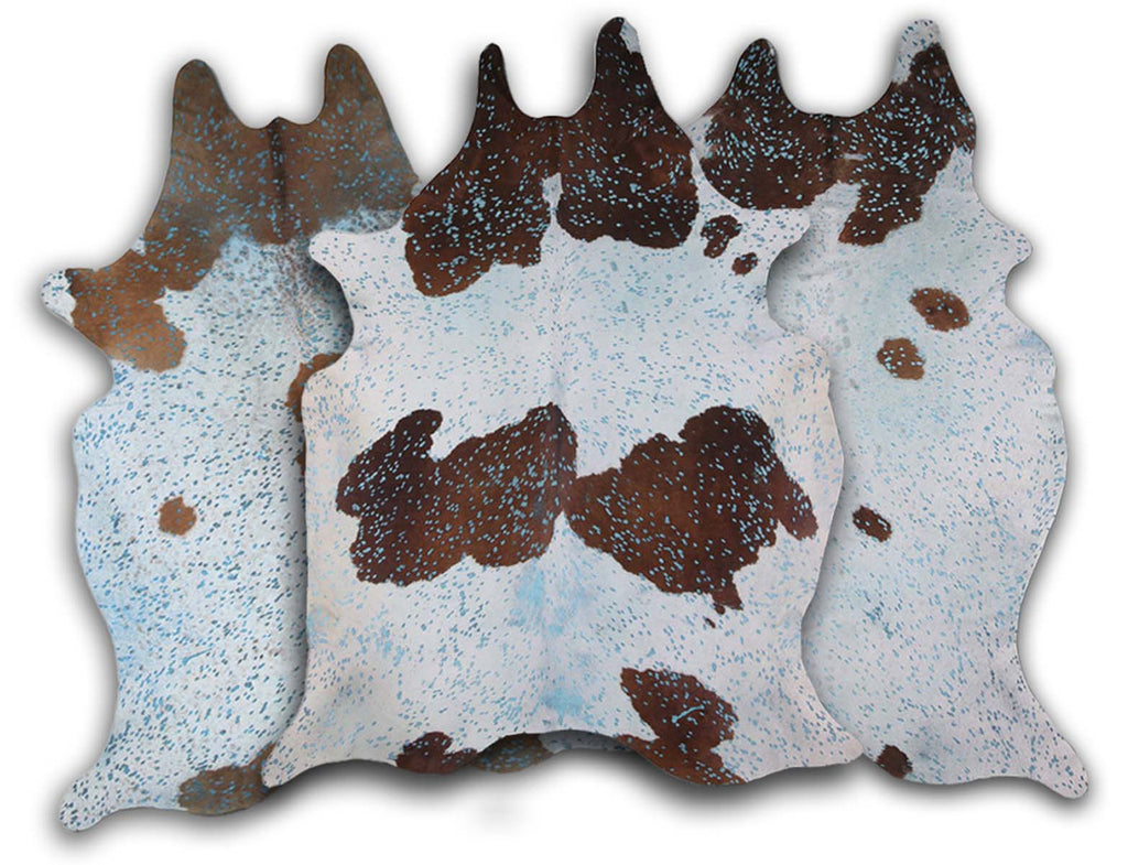 Blue Specked Brown & White Cowhide Rug - Large