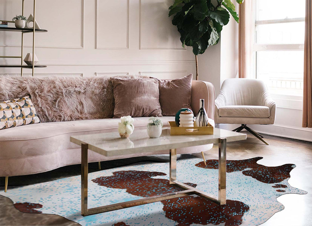 Blue Specked Brown & White Cowhide Rug - Large