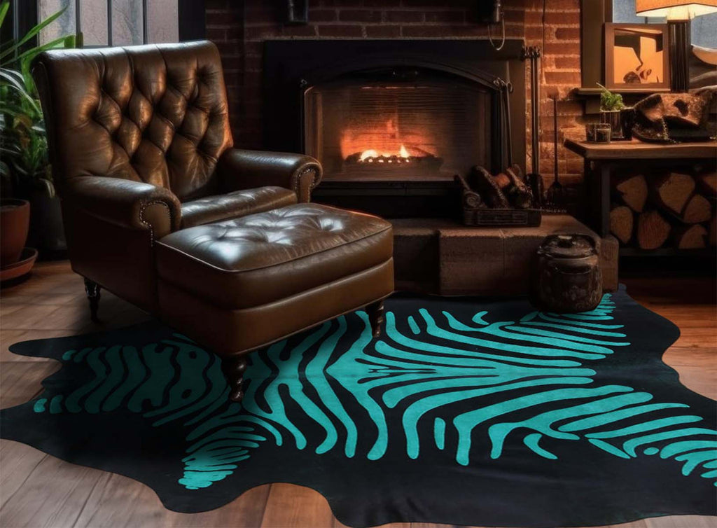 Turquoise Zebra Cowhide Rug - Medium