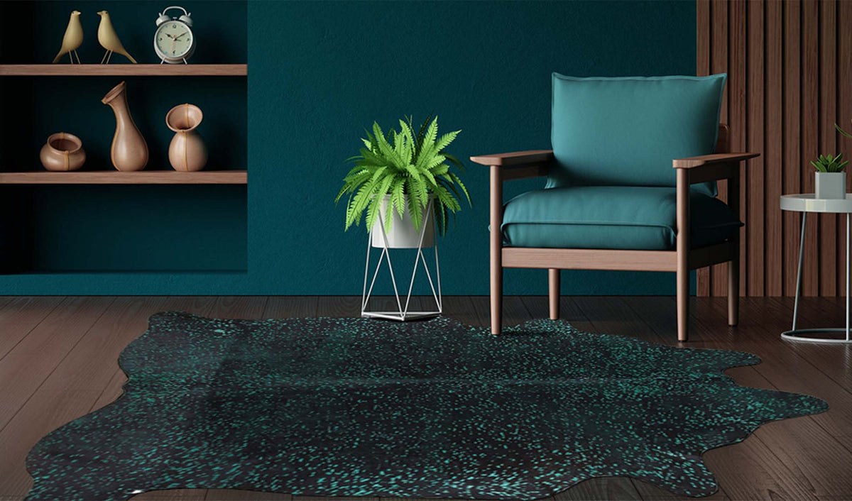Green Specked Black Cowhide Rugs