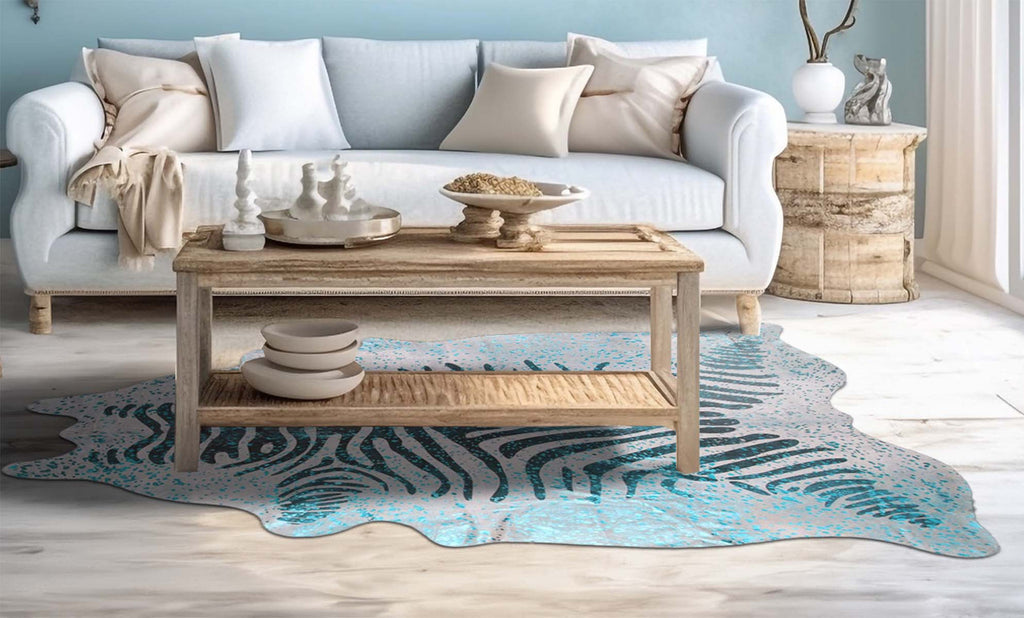 Distressed Aqua Zebra Cowhide Rug - Large