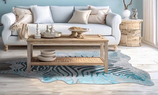 Distressed Aqua Zebra Cowhide Rugs