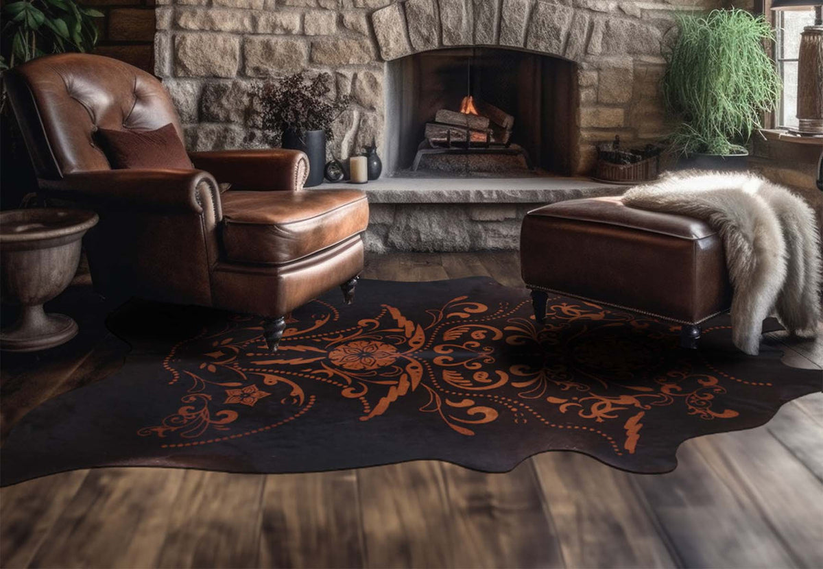 Etched Filigree Black Cowhide Rugs