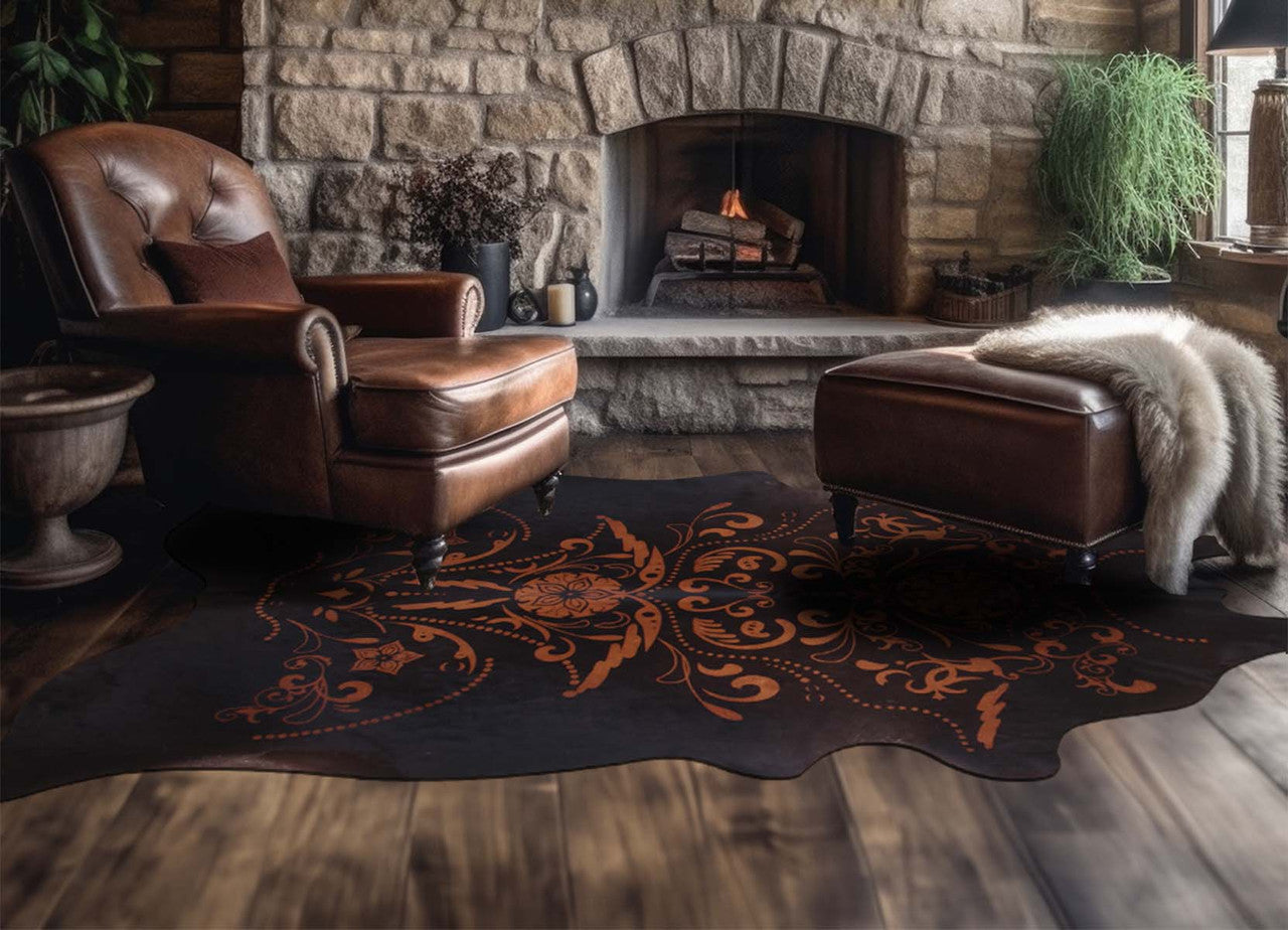 Etched Filigree Black Cowhide Rug - Large