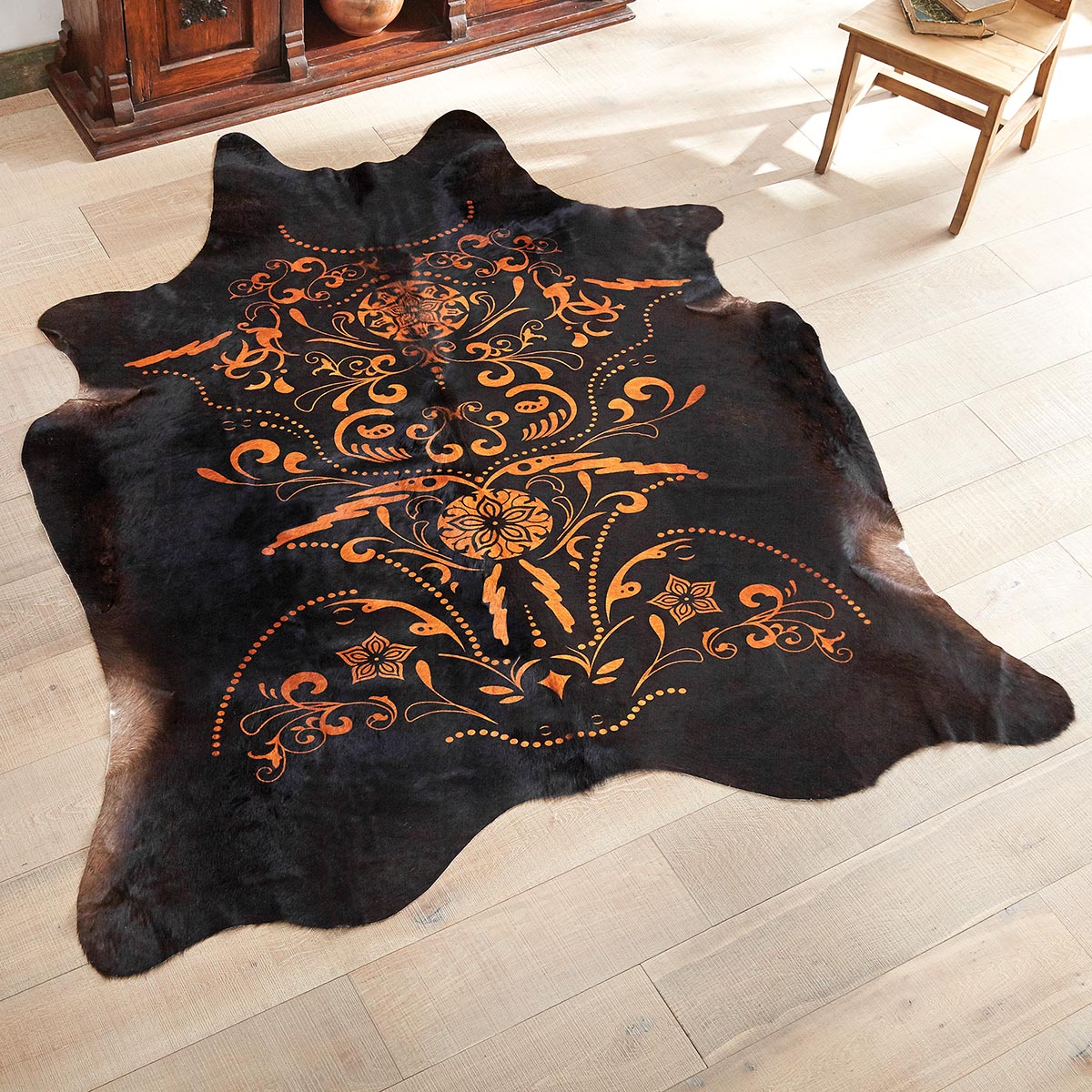 Etched Filigree Black Cowhide Rug - Large