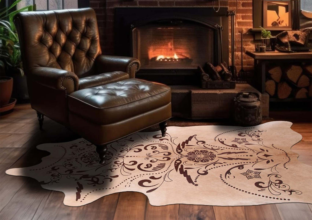 Tan Crow Rug Etched Filigree Tan Cowhide Rug - Large | Lone Star Western Decor